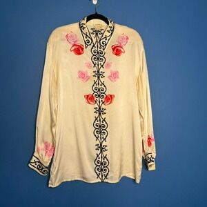 Vintage Escada Silk Button Down Women's Size Large Margaretha Ley Cream Floral